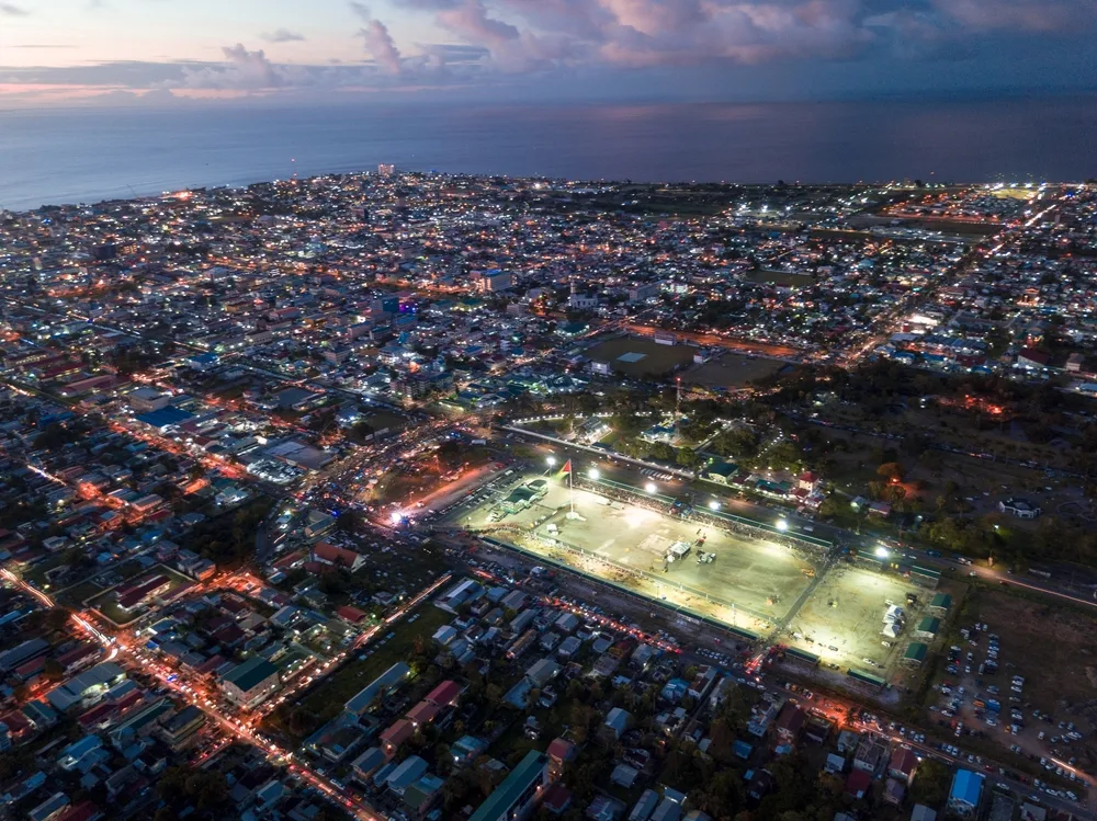 Georgetown aerial view at dusk in Guyana, one of the most dangerous countries in South America