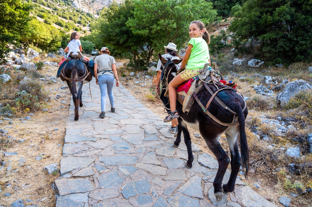 Girl on a donkey pictured riding up a stone path in the volcanic mountains during the best time to visit Crete, Greece