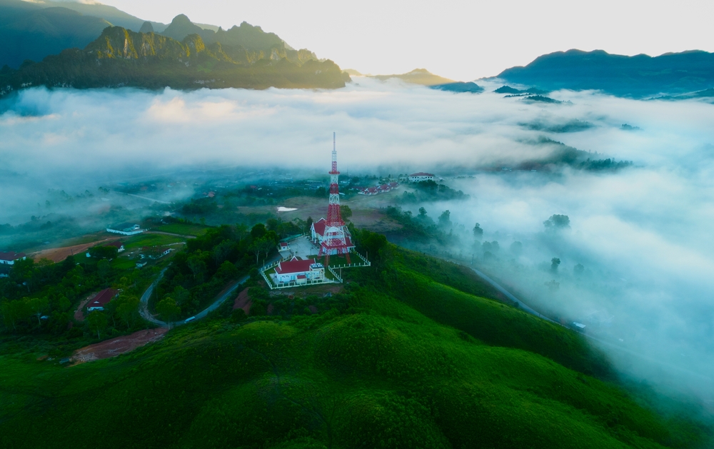 Foggy day on the mountain in Xaisomboun, one of the least safe places to visit in Laos, pictured from the air