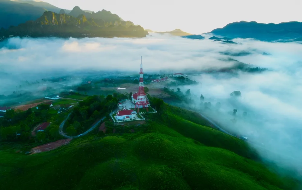 Foggy day on the mountain in Xaisomboun, one of the least safe places to visit in Laos, pictured from the air