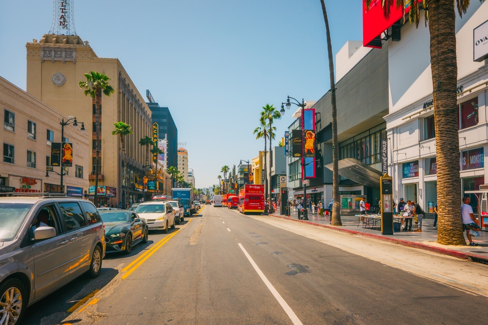 Photo of an empty street on Hollywood Blvd pictured during the summer, the worst time to visit Los Angeles