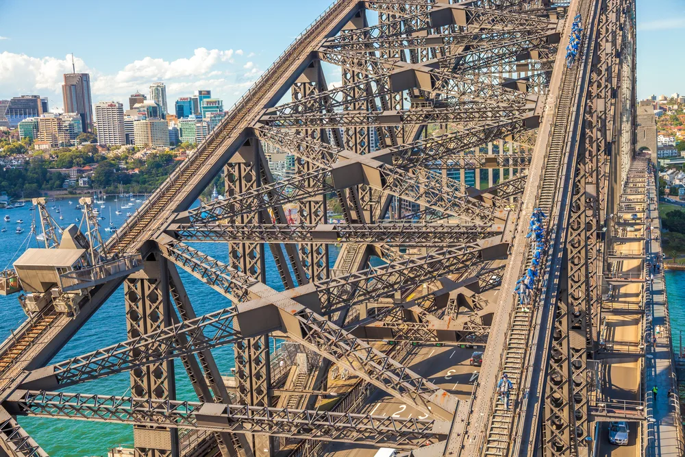 For a post titled Is Sydney Safe to Visit, a close-up of people climbing the Sydney Harbor Bridge in blue clothes and wearing harnesses