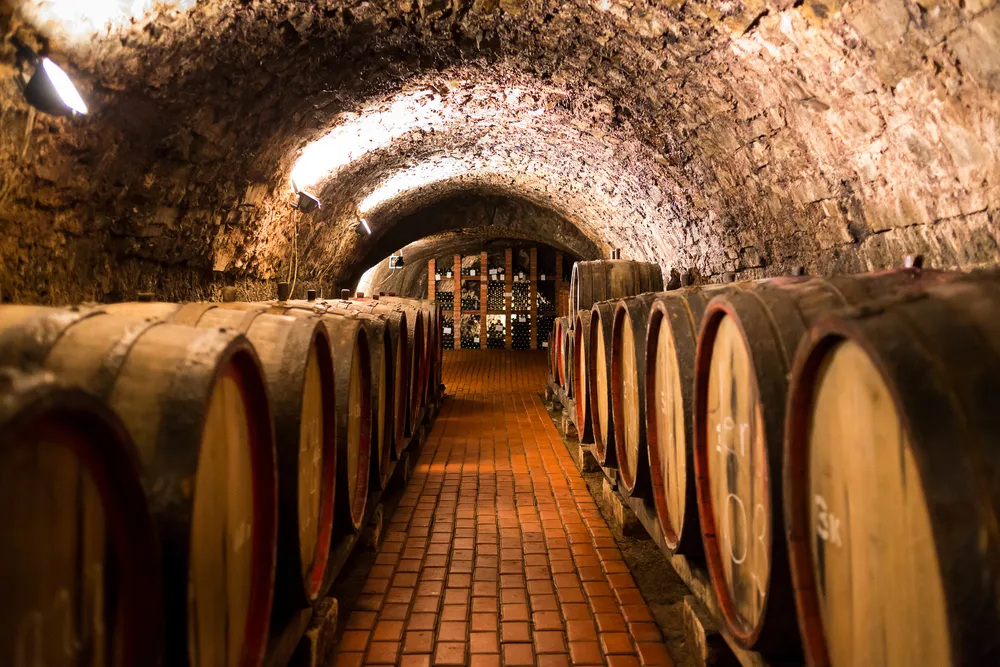 Wooden wine barrels lined up along the stone cellar with an arched ceiling overhead in a dim room during the worst time to visit Porto in the rainy season