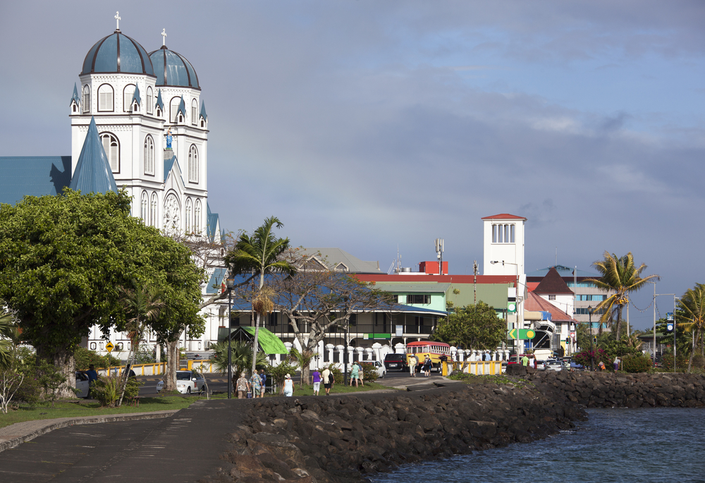Neat morning view of the gorgeous colonial-style buildings overlooking the walkway in Apia, taken to illustrate that Samoa is safe to visit