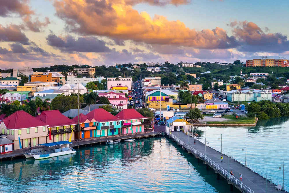 Port in St. John pictured during the least busy time to visit with a dusk sky overhead