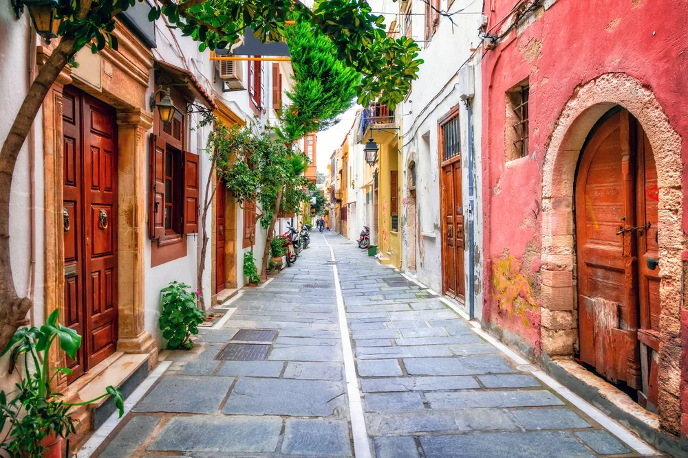 Charming and empty streets in Rethymno pictured during the best time to visit Crete in Greece with nobody out and about in town