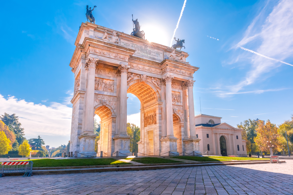 View of the Arco della Pace, or Arch of Peace, in the Old Town part of the city on a sunny clear day during the best time to visit Milan