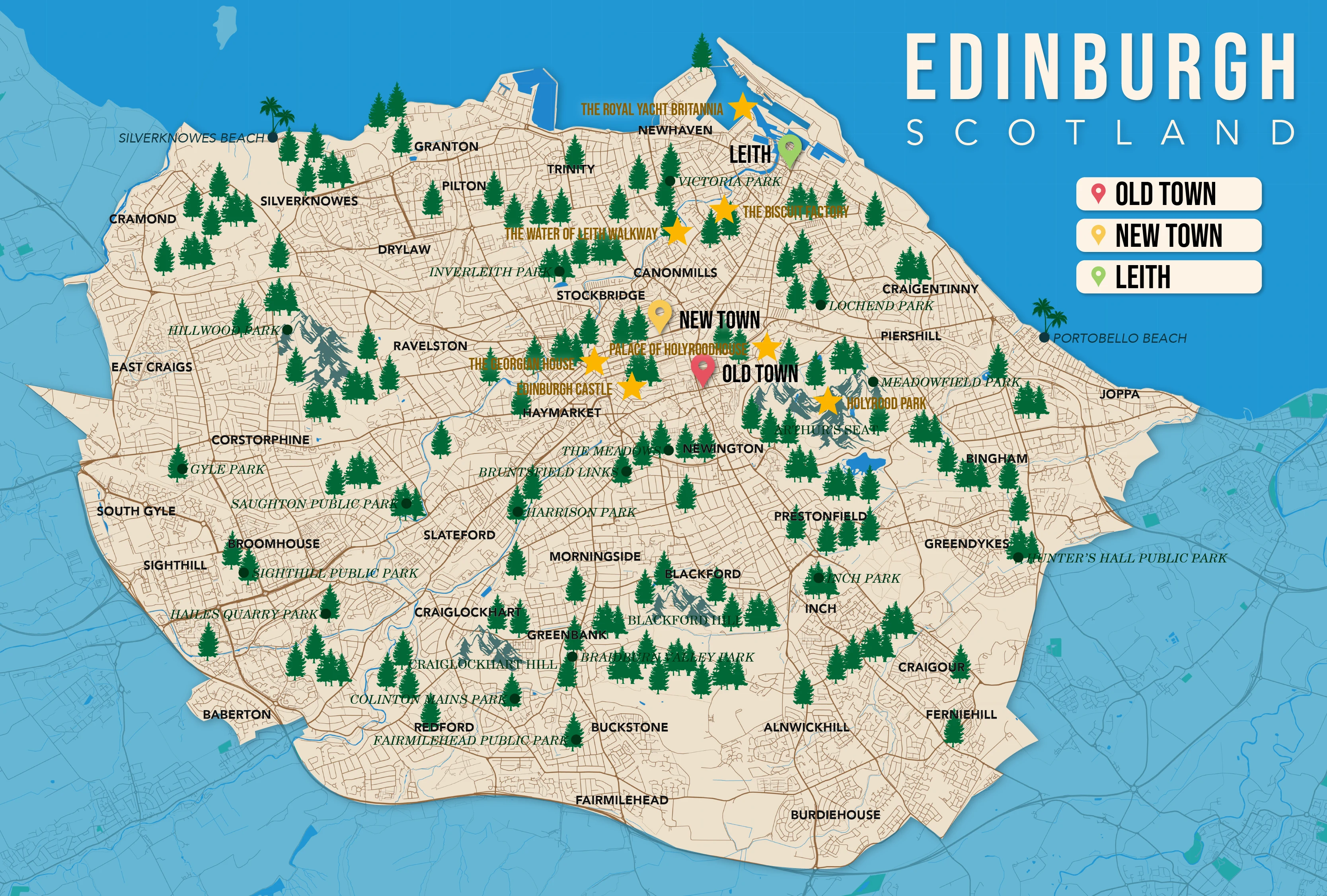 Where to Stay in Edinburgh map in vector format featuring the best areas of town