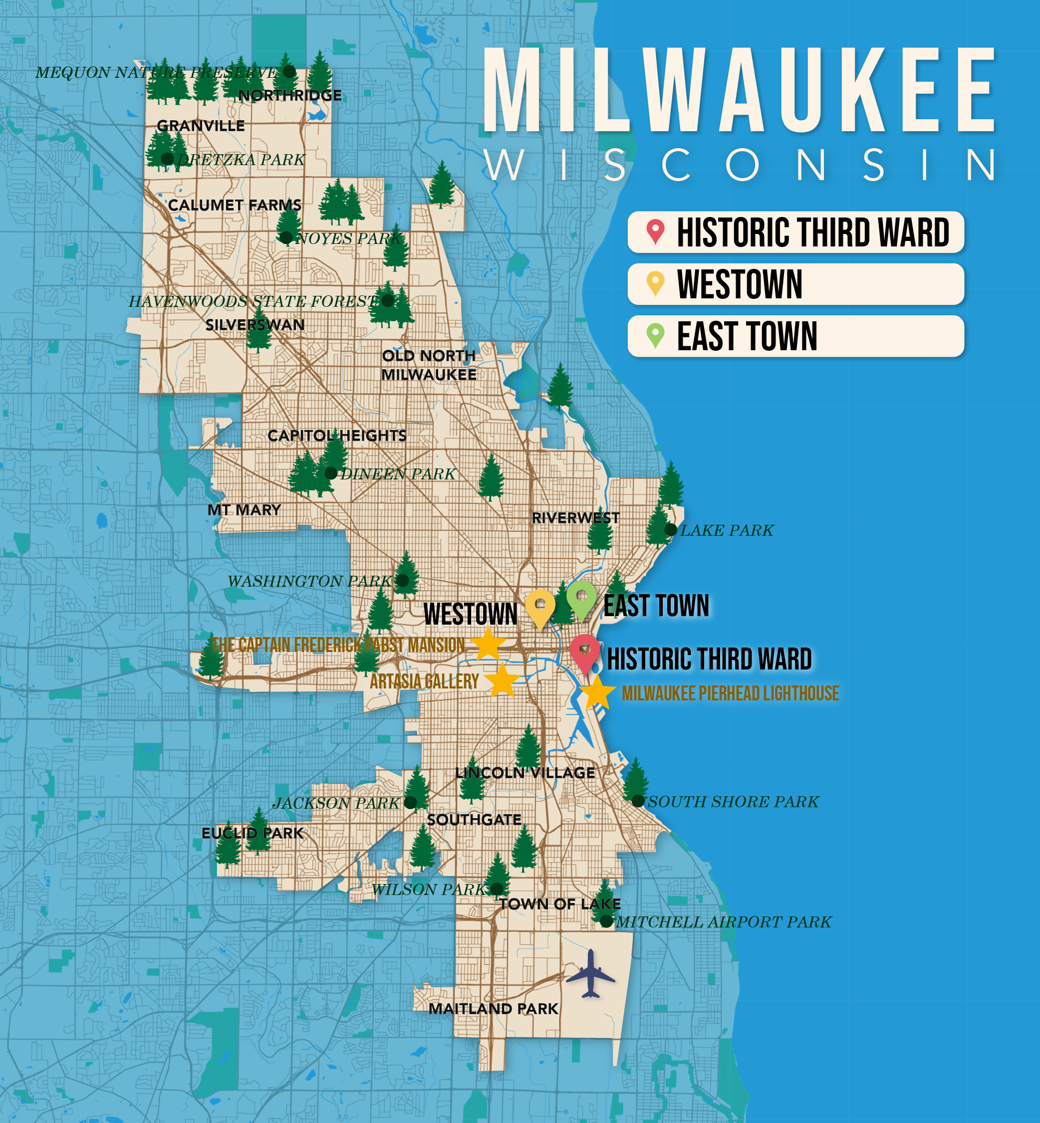 Where to Stay in MIlwaukee map in vector format featuring the best areas of town