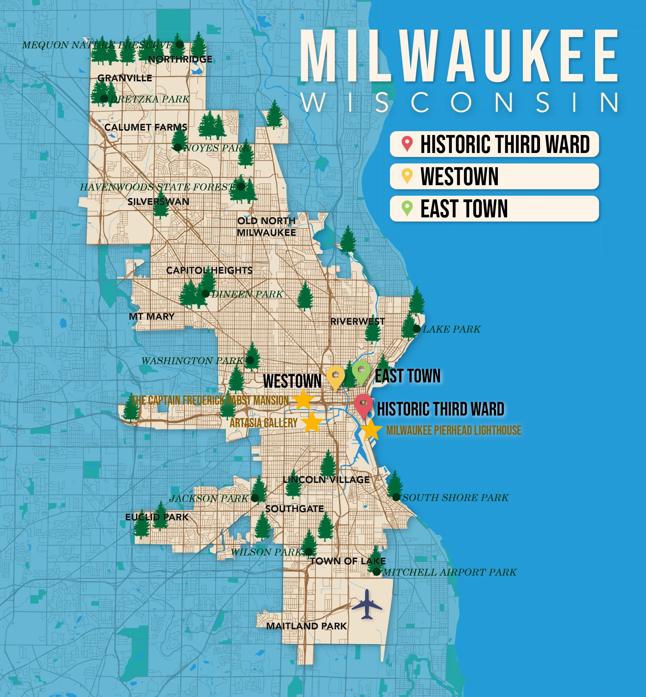 Where to Stay in MIlwaukee map in vector format featuring the best areas of town