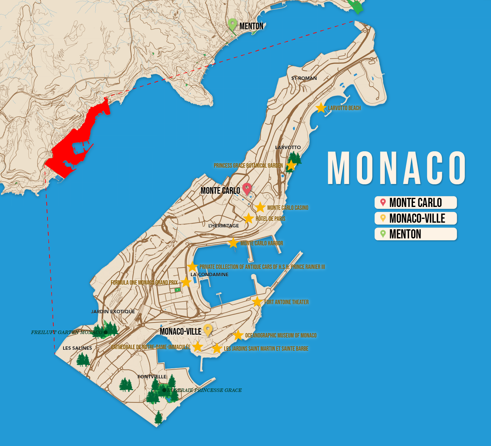 Where to Stay in Monaco map in vector format featuring the best areas of town