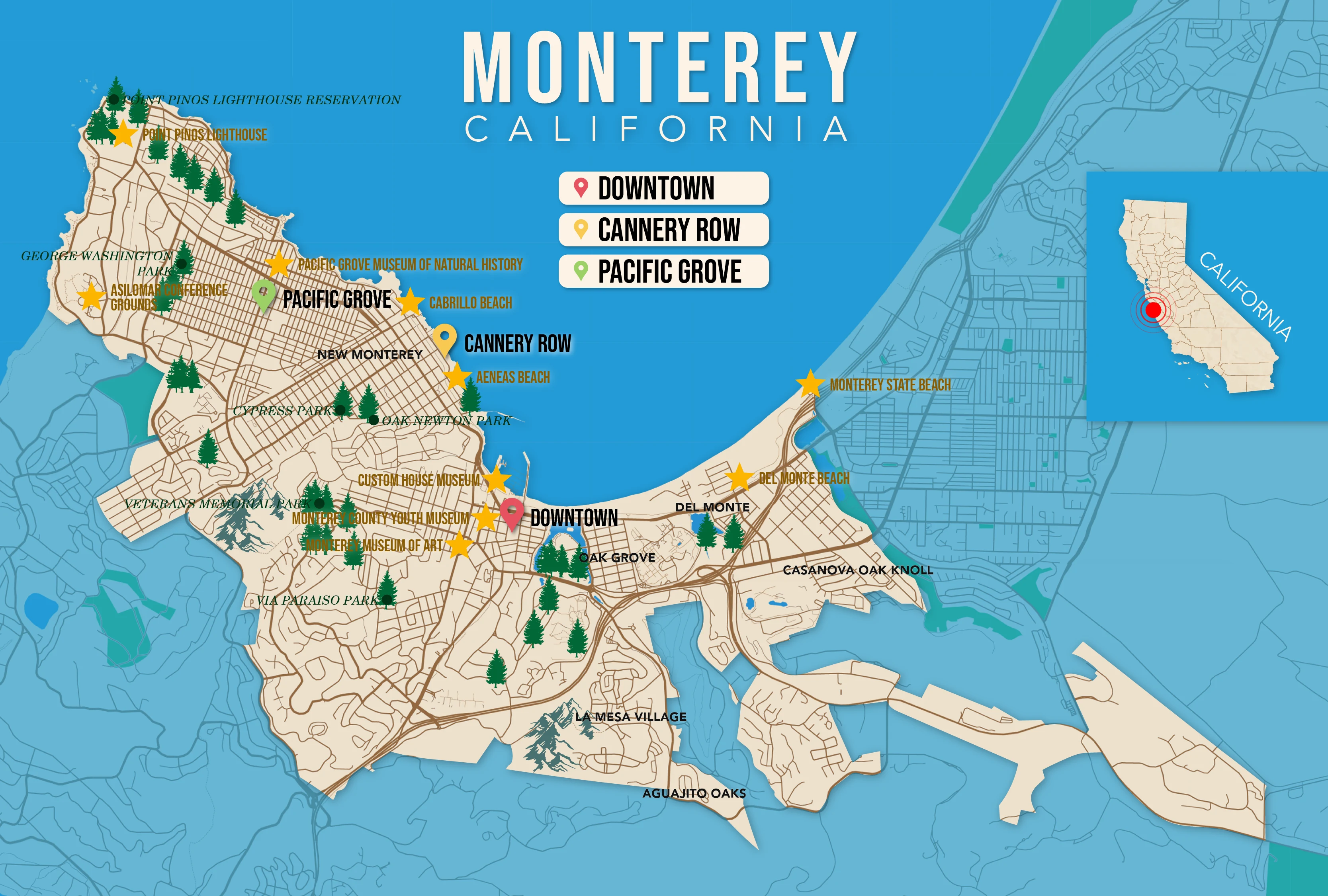 Where to Stay in Monterey map in vector format featuring the best areas of town