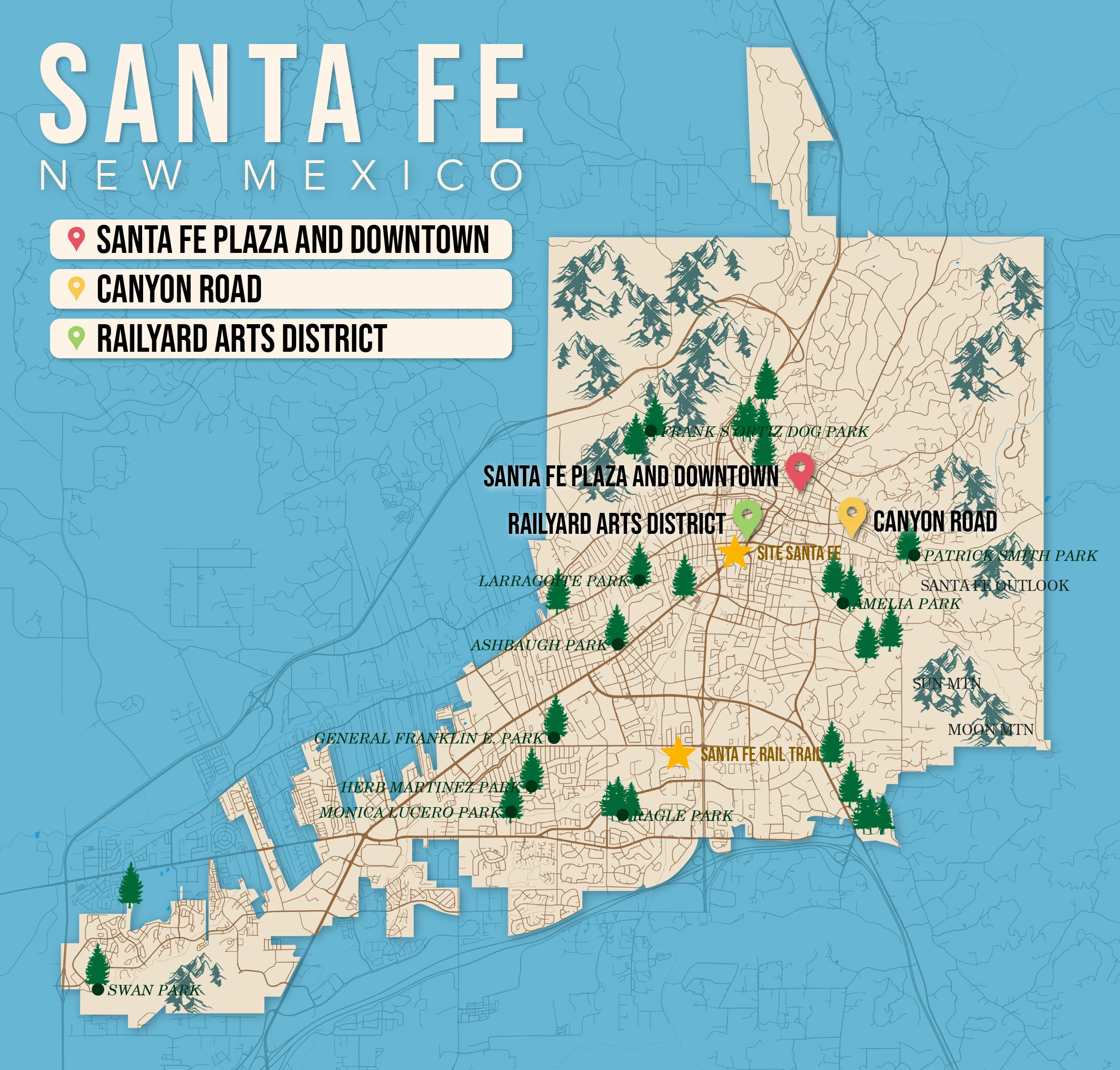 Where to Stay in Santa Fe map in vector format featuring the best areas of town