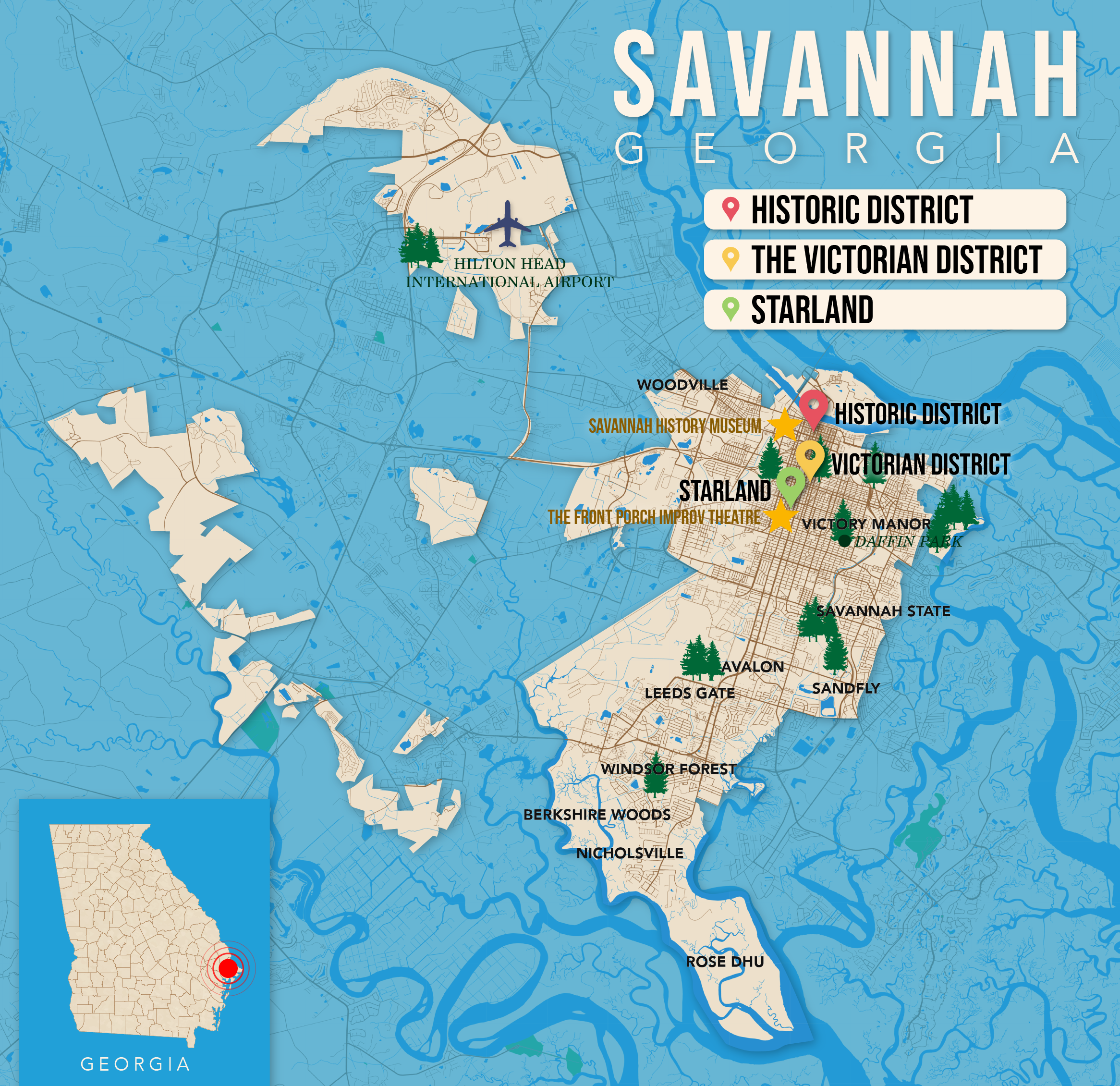 Where to Stay in Savannah map in vector format featuring the best areas of town