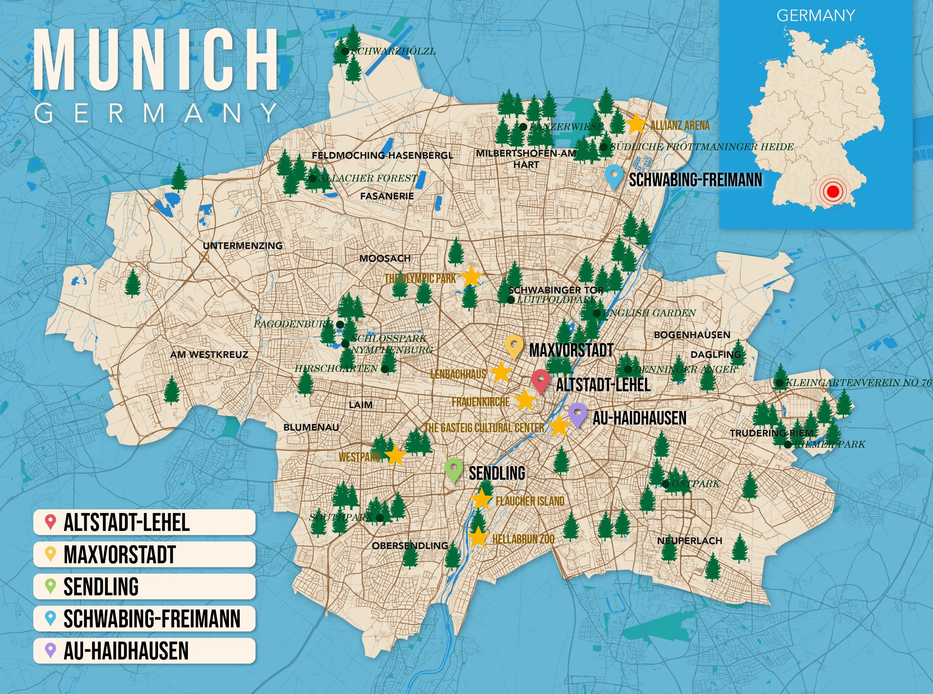 Where to Stay in Munich map in vector format featuring the best areas of town