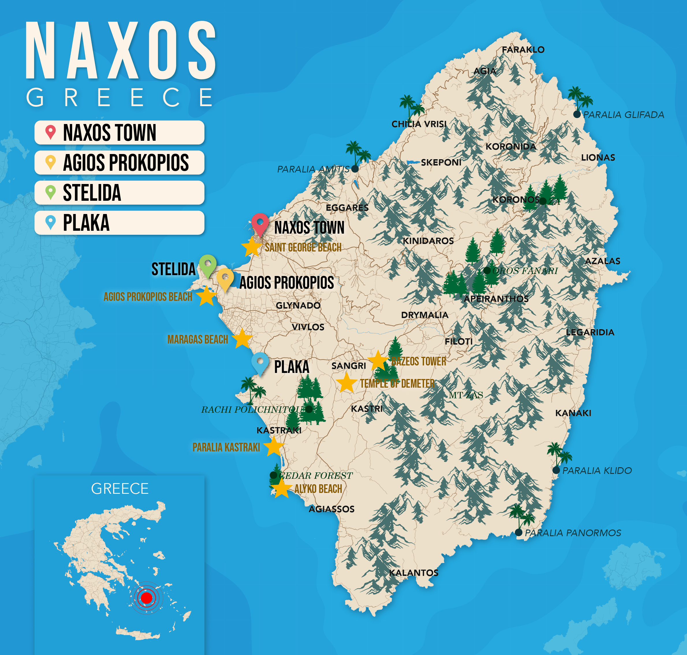 Where to Stay in Naxos map in vector format featuring the best areas of town