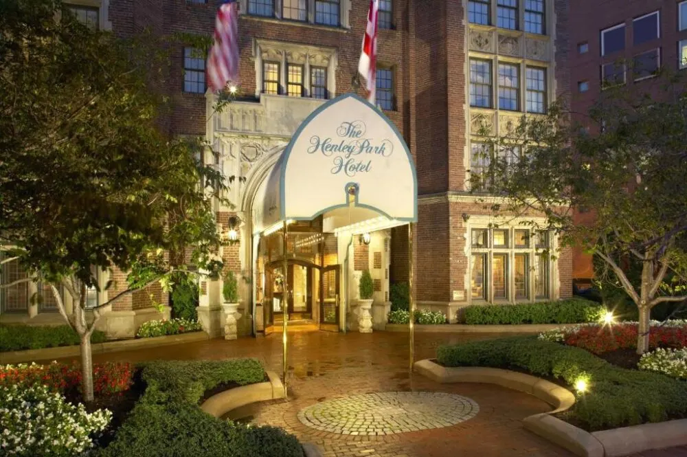 Exterior of the Henley Park Hotel, one of the best boutique hotels in Washington DC, pictured at night