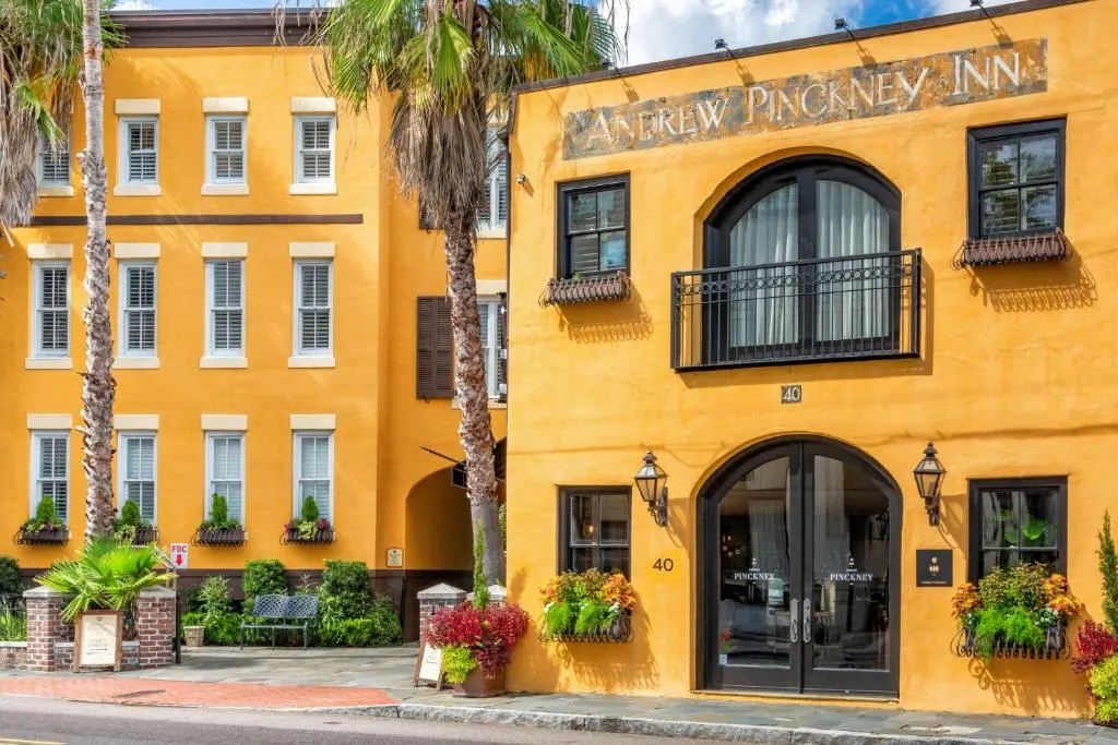 For a guide to the best boutique hotels in Charleston, the exterior of the Andrew Pinckney Inn in shown