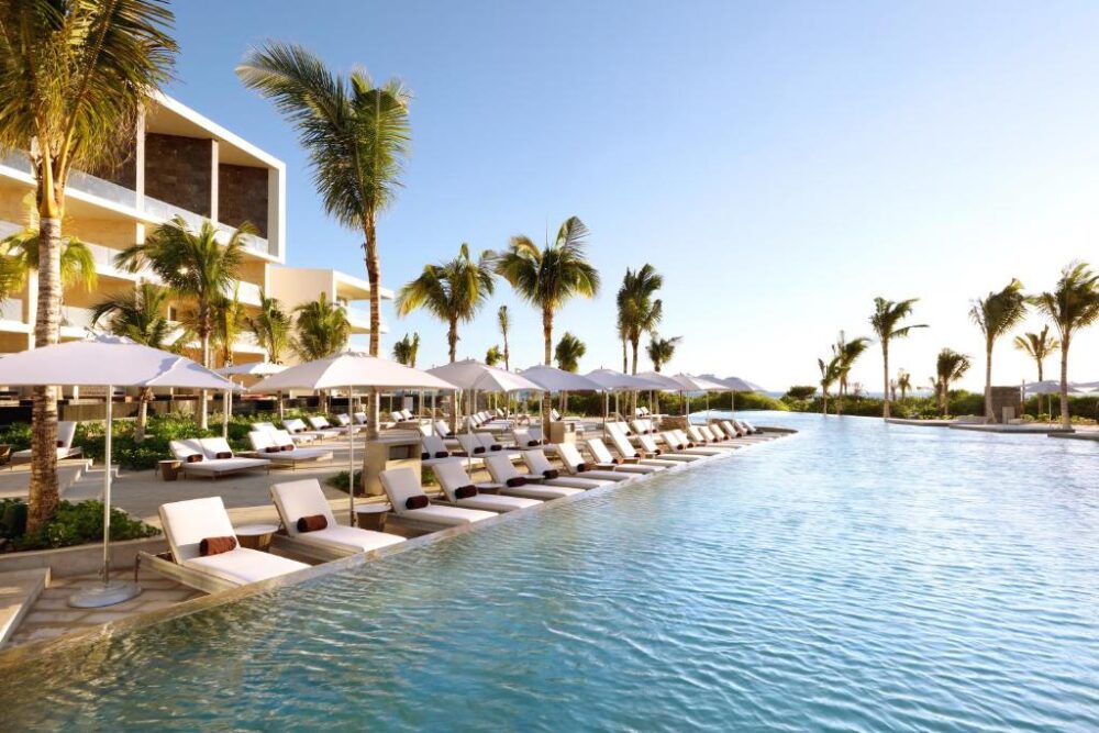 Pool deck at one of the best adults-only all-inclusive resorts in Cancun, the TRS Coral