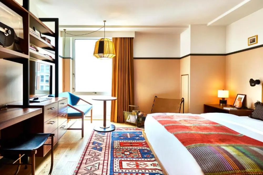 Room inside the Eaton, one of our top picks for the best boutique hotels in Washington DC, with its native-style design rug