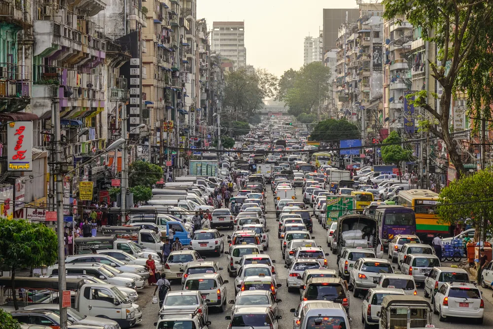 Countless cars line the street in Yangon, Myanmar, one of the country's largest and busiest cities