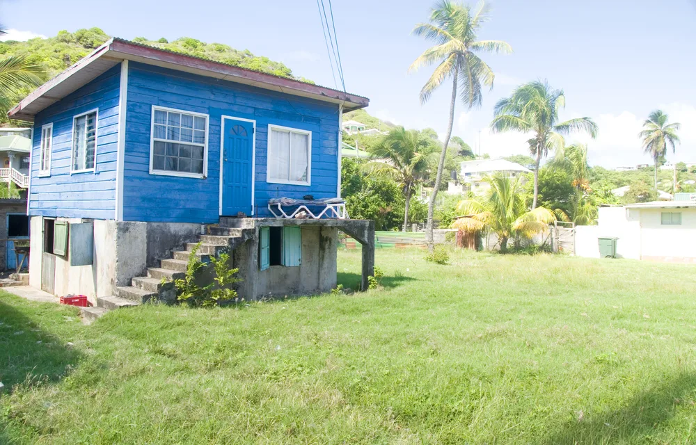 Old blue house pictured on Union Island, one of the areas in the Grenadines to avoid, under palm trees