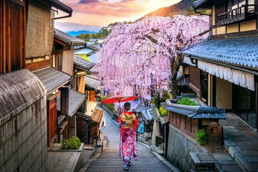 Woman walking through the historic Higashiyama district for a piece titled Is Tokyo Safe to Visit