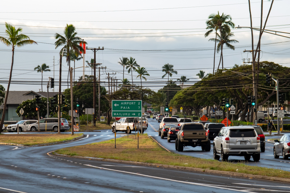 Busy intersection in the town of Kahului, one of the least safe areas in Maui