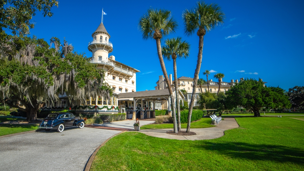 Neat exterior view of the old-time Jekyll Island Club Resort pictured during the summer, the overall best time to visit the island