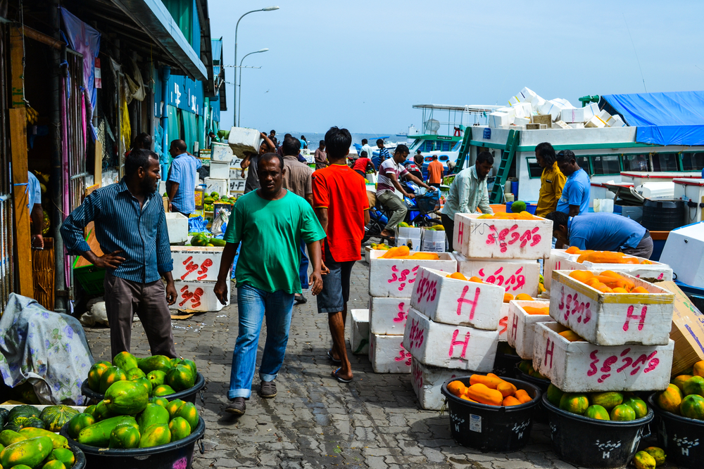 Photo of people walking along the Male Fish Market for a piece titled Are the Maldives Safe to Visit with lots of boats and coolers and fruit all around under a hazy blue sky