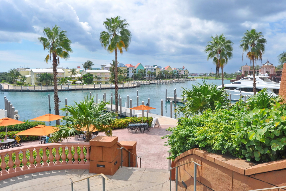 Paradise Marina in the Bahamas pictured from a well-maintained staircase in a tourist area