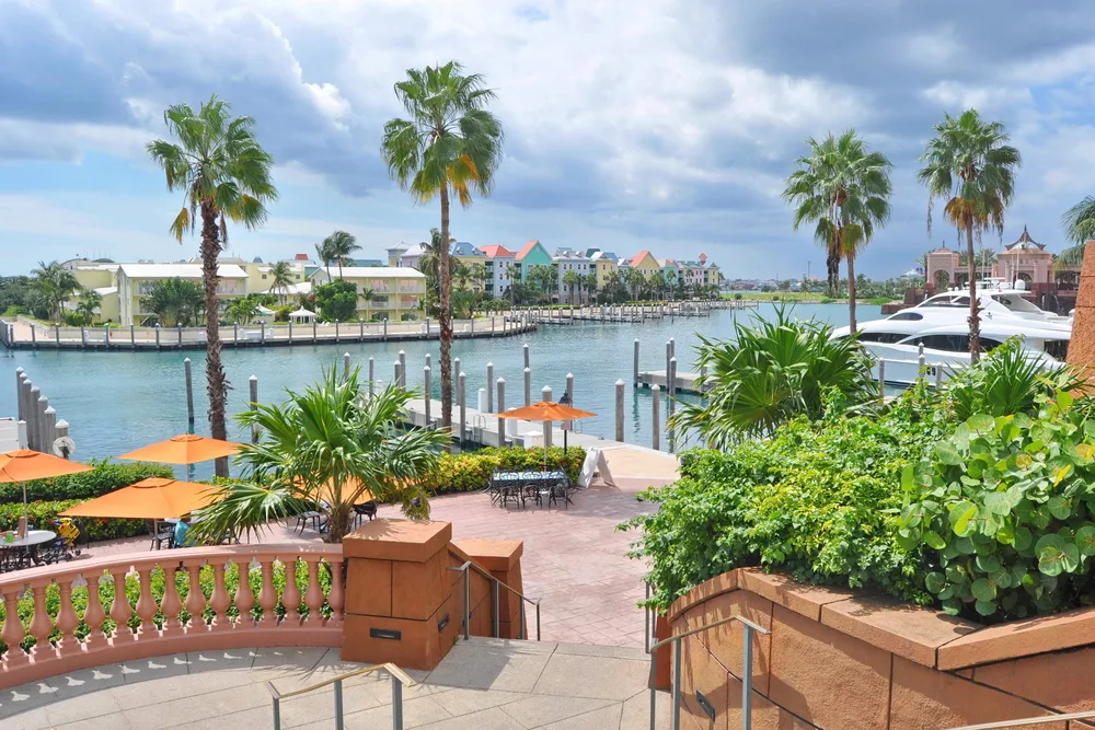 Paradise Marina in the Bahamas pictured from a well-maintained staircase in a tourist area