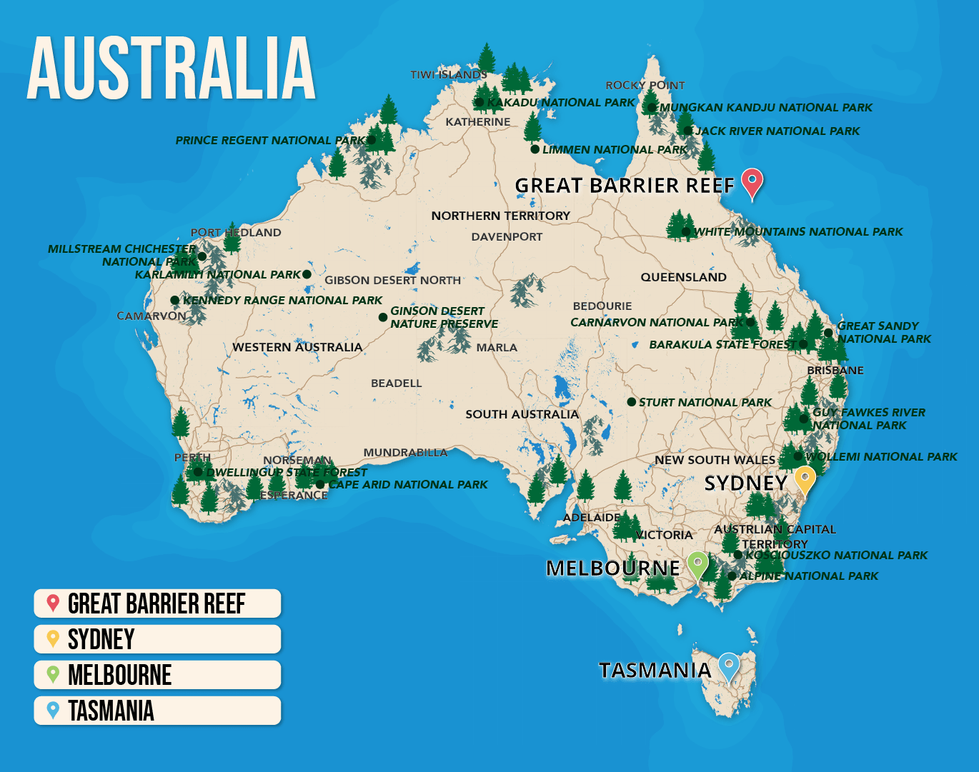 Where to Stay in Australia map in vector format featuring the best areas of town