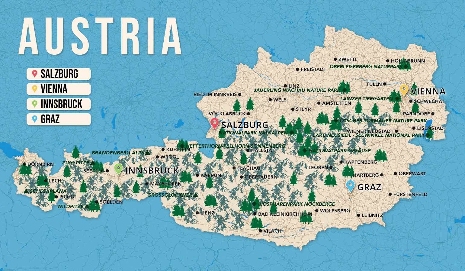 Where to Stay in Austria map in vector format featuring the best areas of town