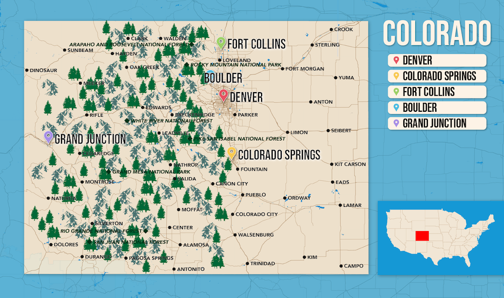 Where to Stay in Colorado map in vector format featuring the best areas of town
