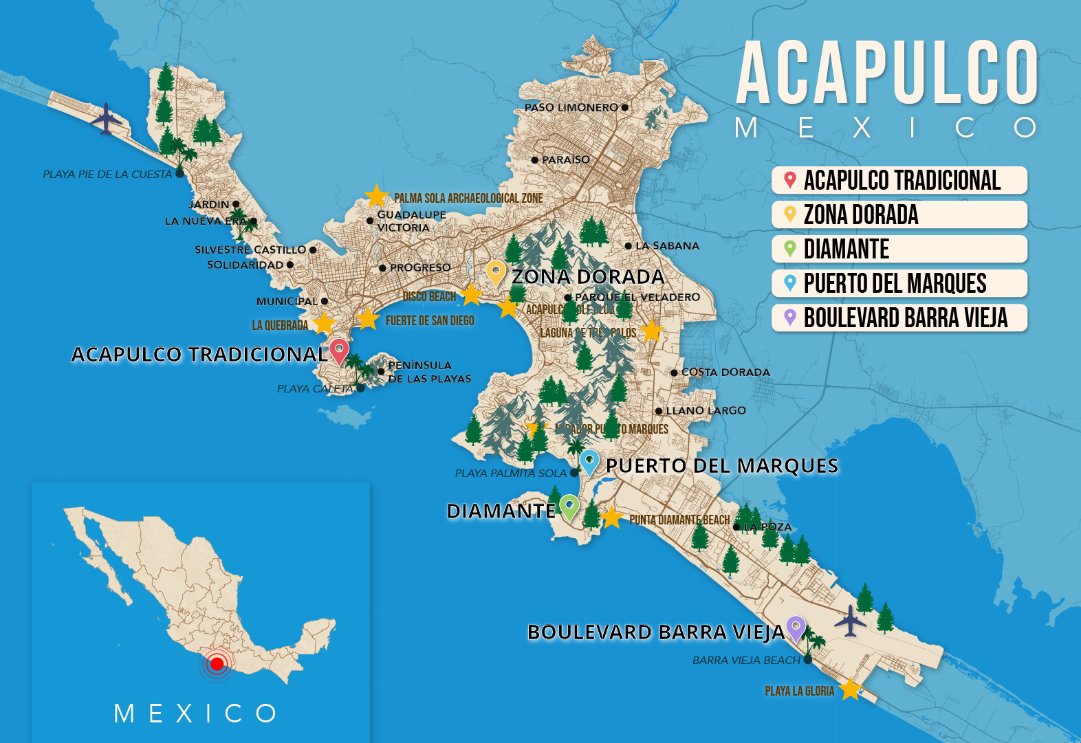 Where to Stay in Acapulco map in vector format featuring the best areas of town