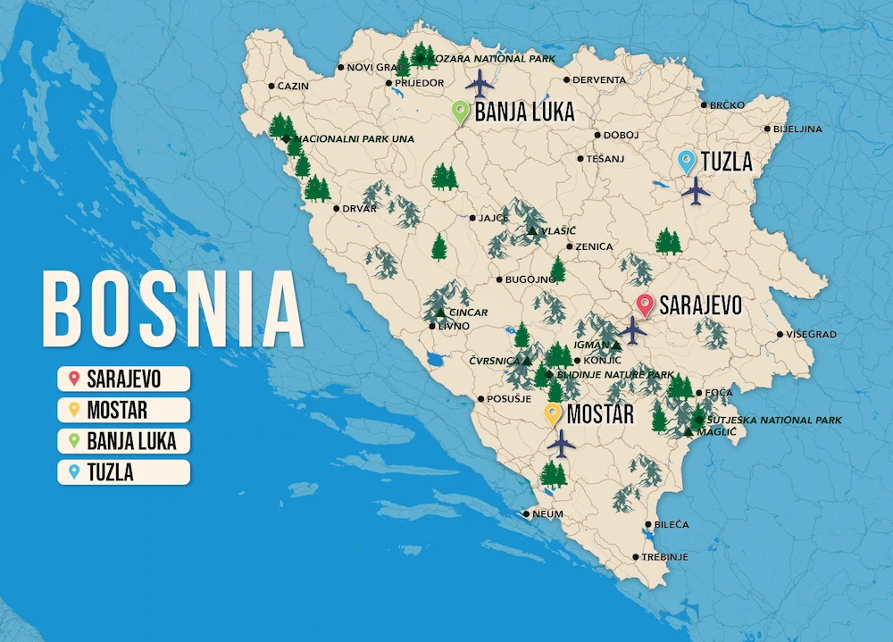 Where to Stay in Bosnia map in vector format featuring the best areas of town