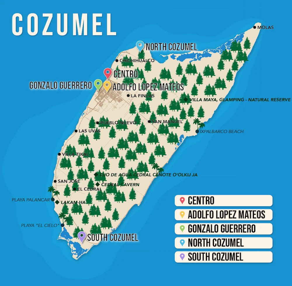 Where to Stay in Cozumel map in vector format featuring the best areas of town