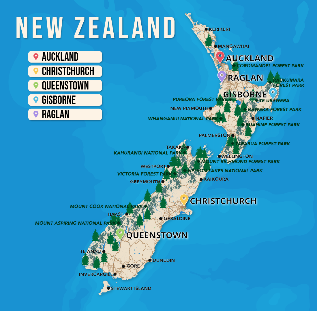 Where to Stay in New Zealand map in vector format featuring the best areas of town