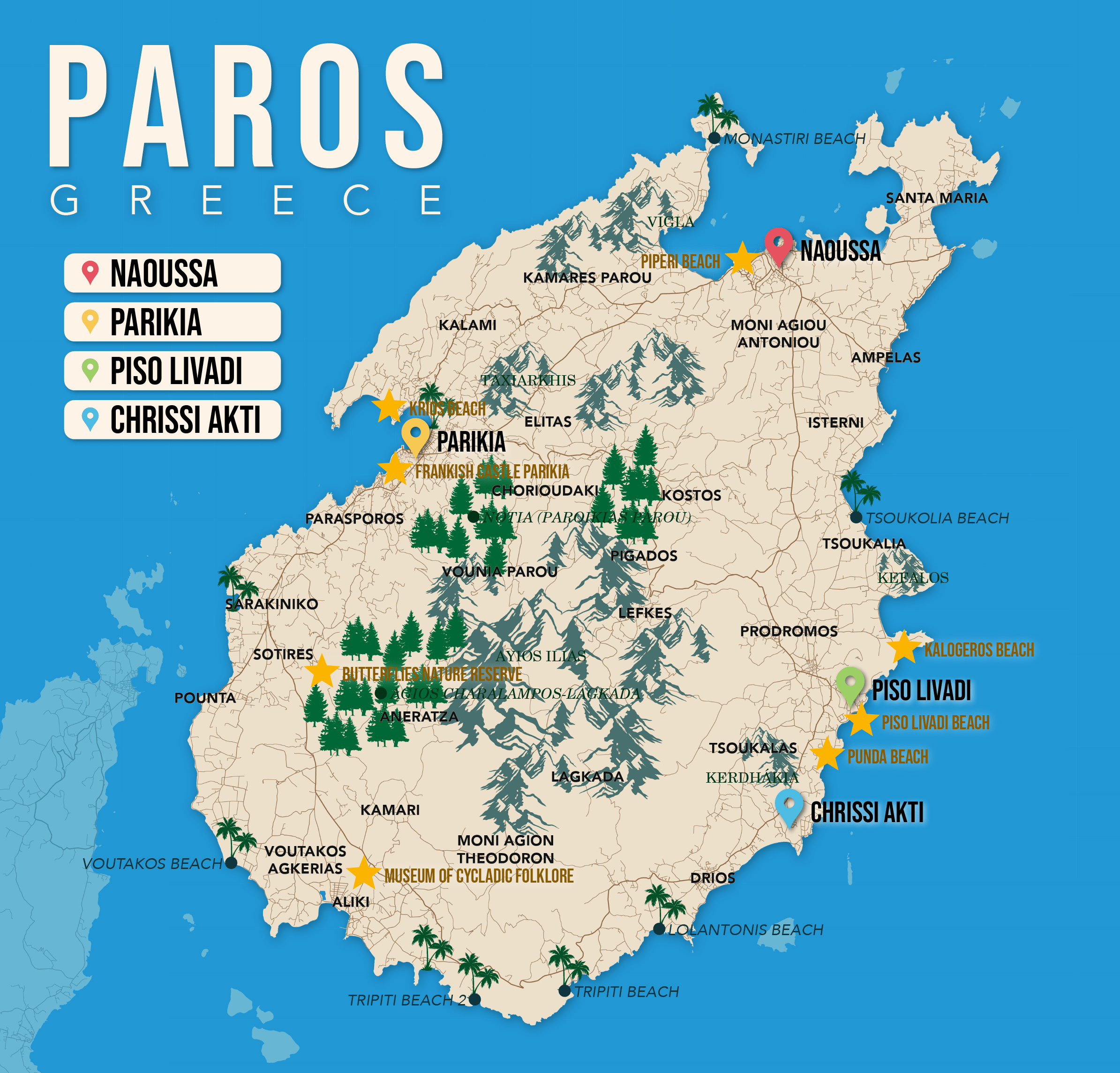 Where to Stay in Paros map in vector format featuring the best areas of town