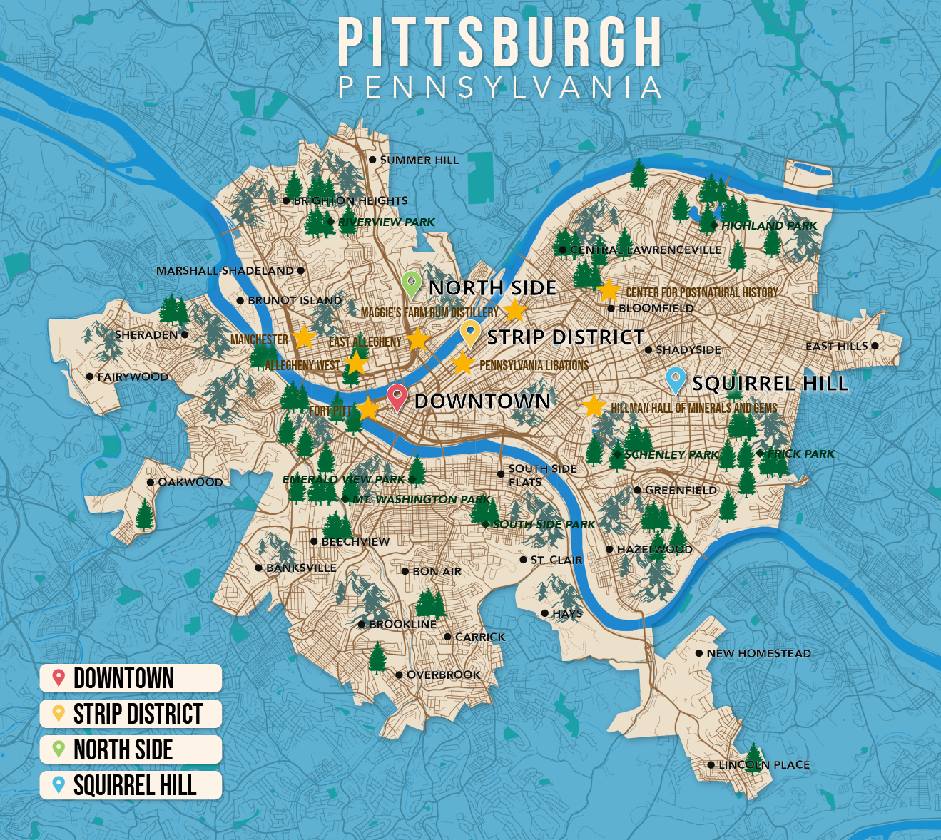 Where to Stay in Pittsburgh map in vector format featuring the best areas of town