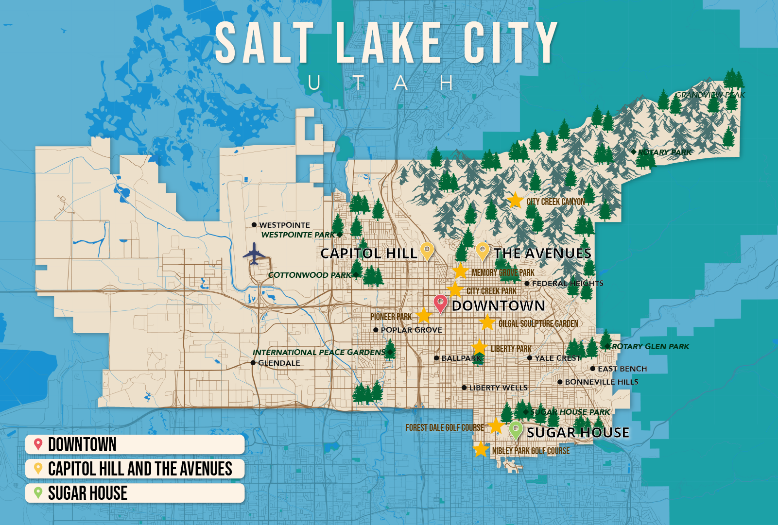 Where to Stay in Salt Lake City map in vector format featuring the best areas of town