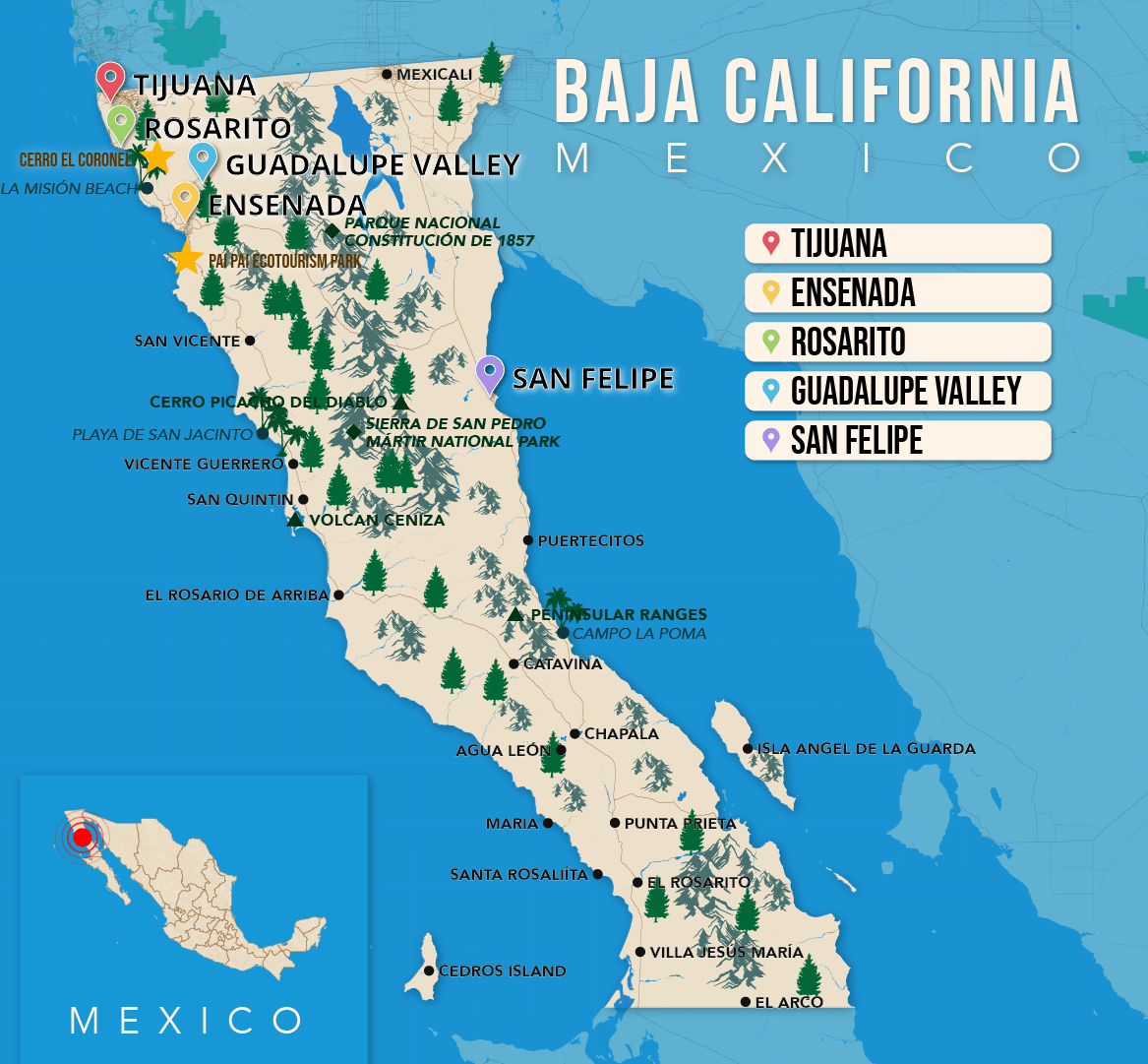 Where to Stay in Baja California map in vector format featuring the best areas of town