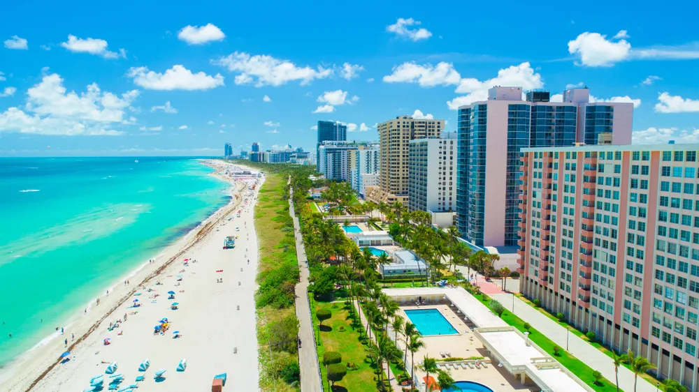 Aerial view of hotels and shoreline at Miami Beach in South Beach, ranked as one of the top beach vacations in the US