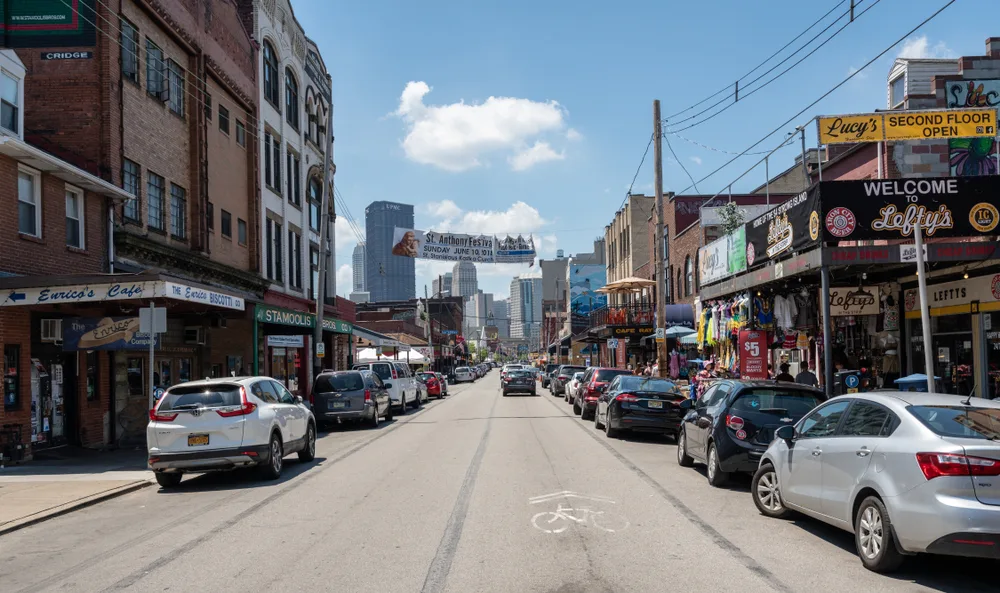 Photo of the Strip District, one of our top picks on the best areas to stay in Pittsburgh, pictured on a clear day