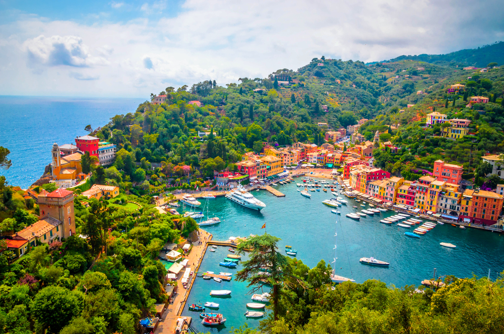 Aerial view of a bay with boats in Portofino, Liguria in Italy ranked as one of the best honeymoon destinations in the world