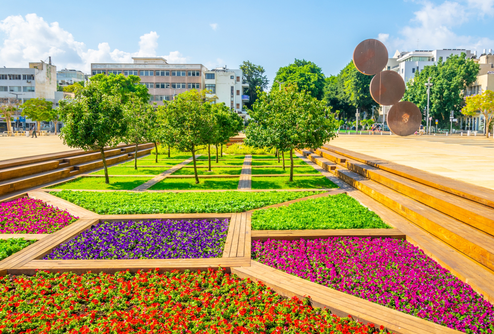 Cool view of the colorful flowers in Habima Square in the center of the city during the best time to visit Tel Aviv