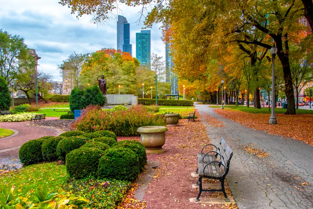 Gorgeous view of a park in Chicago, taken in the fall