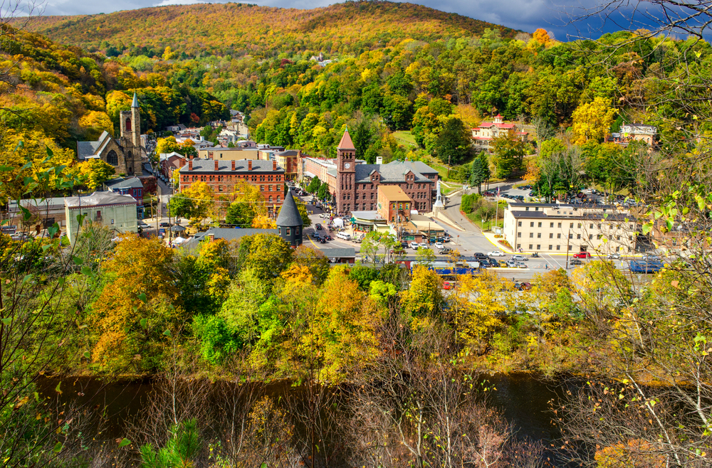 Aerial view of Jim Thorpe, Pennsylvania in the southern Poconos in fall colors as one of the best couples vacations in the US