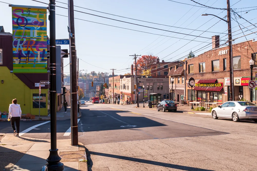 Photo of an intersection in Squirrel Hill, one of the best areas to stay in Pittsburgh